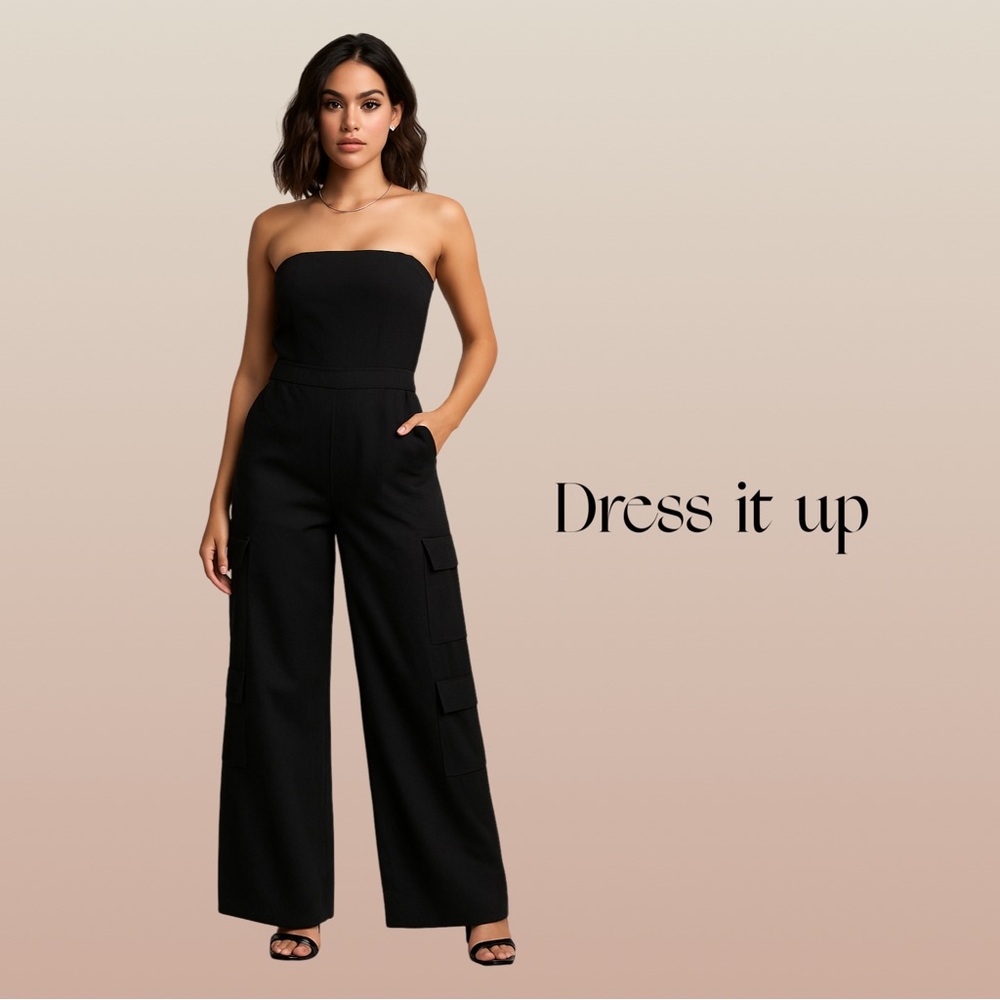 J for Justify Cargo Black Strapless Jumpsuit Women’s Size Large NWT Boho pockets - Picture 2 of 11